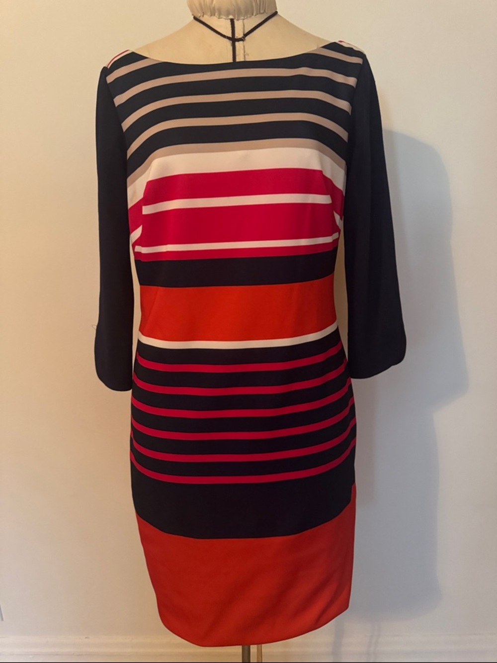 Eliza J Striped Midi Sheath Dress in Navy, Red and Orange